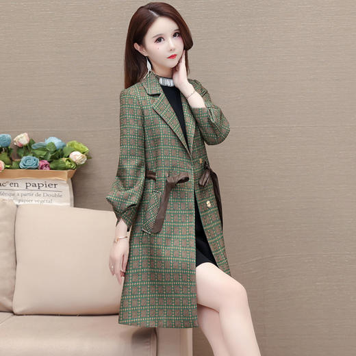 中长款格子西装领风衣，女装新款收腰系带气质优雅外套QYM-XY-23MYY178-Y 商品图1