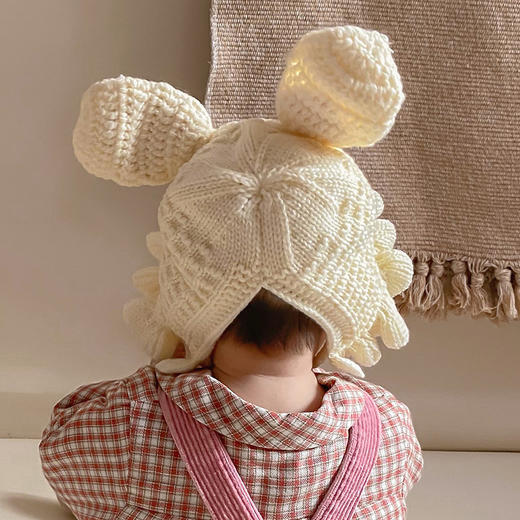 【荷叶边公主帽】婴儿帽子秋冬可爱兔耳朵针织帽宝宝加绒护耳帽婴幼儿毛线帽 商品图1