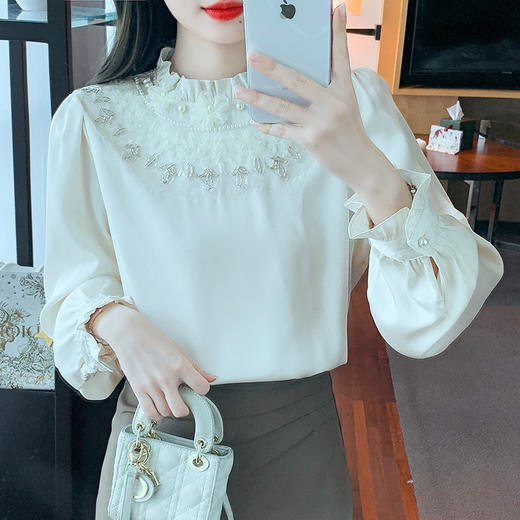 秋装新款，针织拼接雪纺衫女装长袖木耳边立领衬上衣KQL-157T6820 商品图1