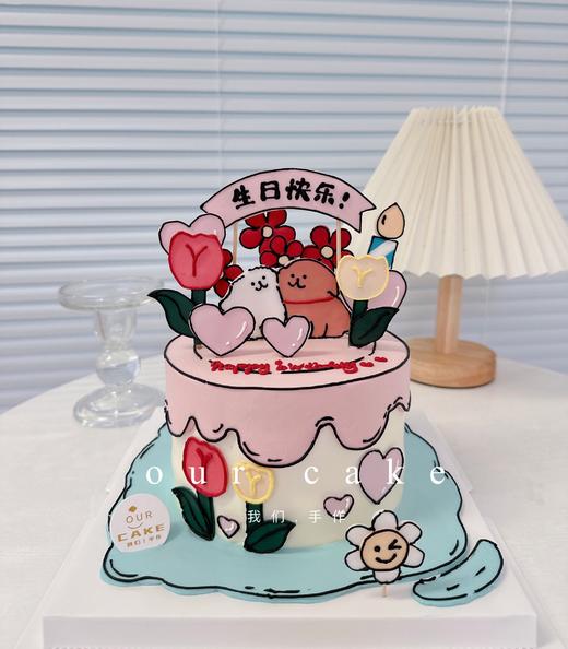 二次元漫画翻糖线条狗动物花花手绘蛋糕 -低糖处理无添加 商品图5