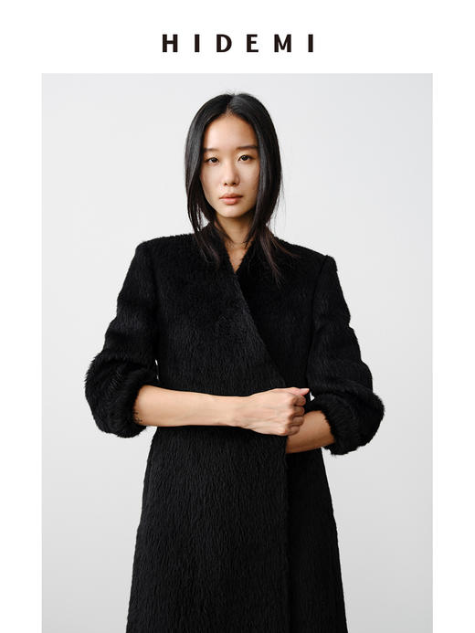 HIDEMI 双面alpaca长毛苏力羊驼毛V领无领式不对称长款西装大衣 商品图6