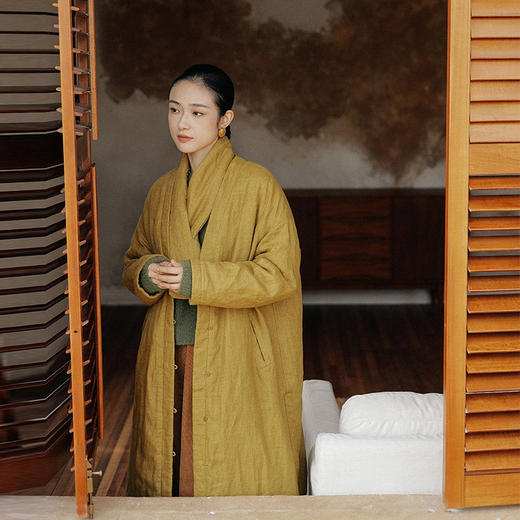 绽放875朵/宇航绒士林亚麻V领中式盘扣中长款灰色棉服秋冬外套 商品图1