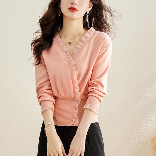 针织衫女长袖秋装新款粉色套头毛衣洋气春秋款宽松v领上衣 商品图0