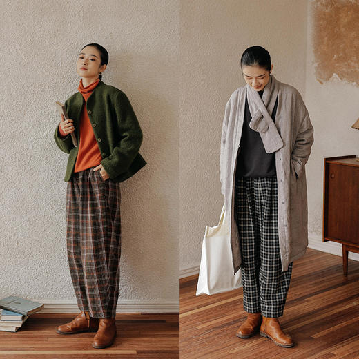 绽放801朵/美颜萝卜裤高端羊毛加厚复古格子宽松遮肉显瘦休闲裤 商品图2