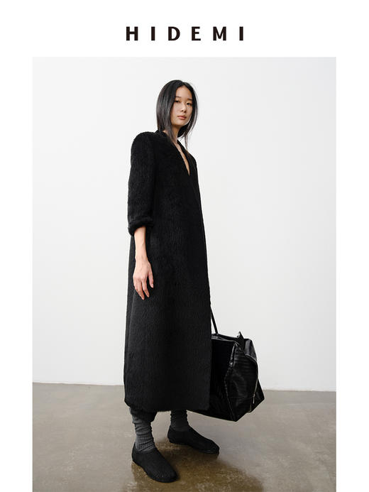 HIDEMI 双面alpaca长毛苏力羊驼毛V领无领式不对称长款西装大衣 商品图7