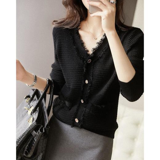 针织衫女长袖毛衣春秋季新款黑色流苏小外套春秋款女装v领上衣 商品图3