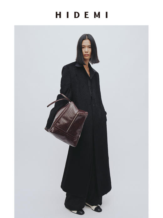 HIDEMI 双面alpaca长毛苏力羊驼毛V领无领式不对称长款西装大衣 商品图1