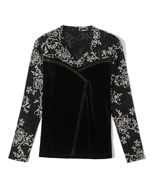 修身显瘦，新款气质V领印花网纱拼接丝绒烫钻打底衫KQL-E37M2708 商品图2