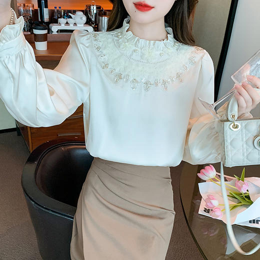 秋装新款，针织拼接雪纺衫女装长袖木耳边立领衬上衣KQL-157T6820 商品图3