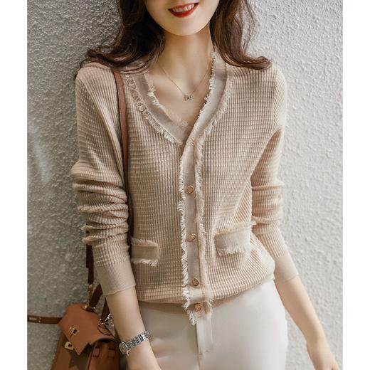 针织衫女长袖毛衣春秋季新款黑色流苏小外套春秋款女装v领上衣 商品图0