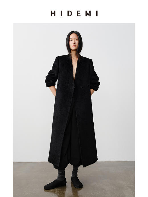 HIDEMI 双面alpaca长毛苏力羊驼毛V领无领式不对称长款西装大衣 商品图4