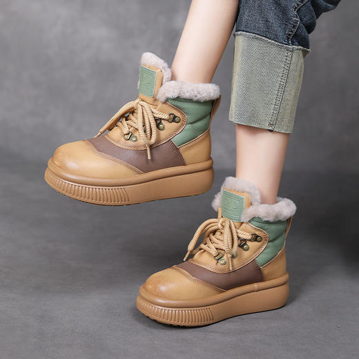 舒适保暖，撞色拼接牛皮仿羊毛加厚保暖绑带雪地鞋HFE-3799 商品图0