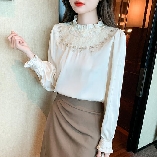 秋装新款，针织拼接雪纺衫女装长袖木耳边立领衬上衣KQL-157T6820 商品图4