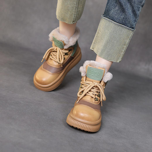 舒适保暖，撞色拼接牛皮仿羊毛加厚保暖绑带雪地鞋HFE-3799 商品图3