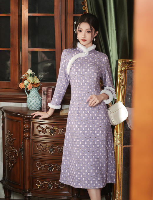 冬季新款，改良旗袍复古新中式保暖A字版修身气质日常旗袍XL-23376 商品图4