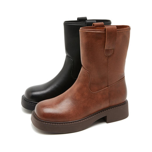 西遇复古中筒靴女新款秋冬美拉德宽筒西部靴棕色方头厚底短靴D2234314 商品图4