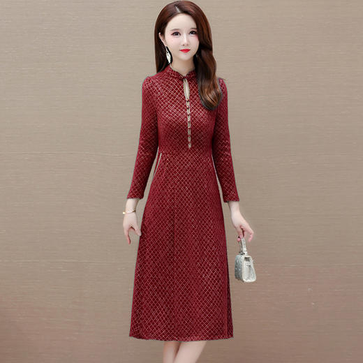 中式洋气，秋冬款格纹时尚中长款连衣裙立领长袖国风内搭打底裙QYM-XYKL-K521-L 商品图0