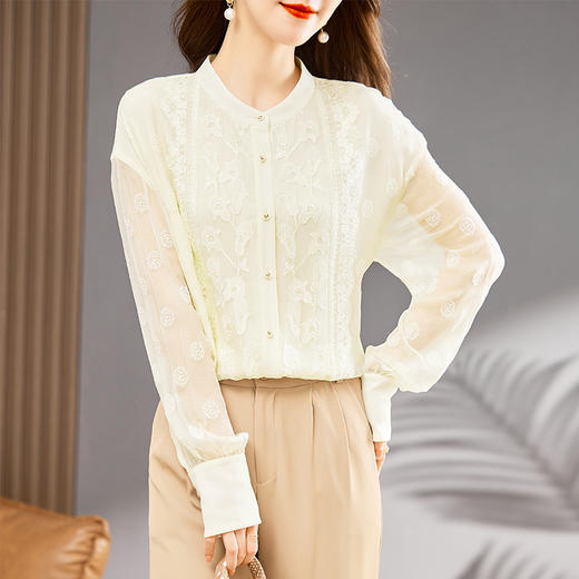 TC22399935 真丝衬衫女长袖重工刺绣上衣2023年春新款气质立领宽松桑蚕丝衬衣 商品图3