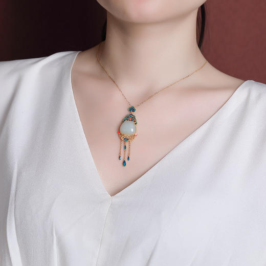 S925纯银镀金和田玉如意祥云流苏水滴吊坠气质珐琅挂坠CW 商品图3