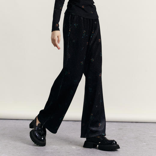 谜底灯芯绒阔腿裤女2023冬新款复古印花松紧腰宽松长裤234MK1541 商品图1