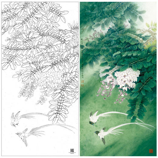 【大彩图】李晓明工笔画白描底稿《紫藤绶带图》临摹勾线花鸟线稿K123 商品图0