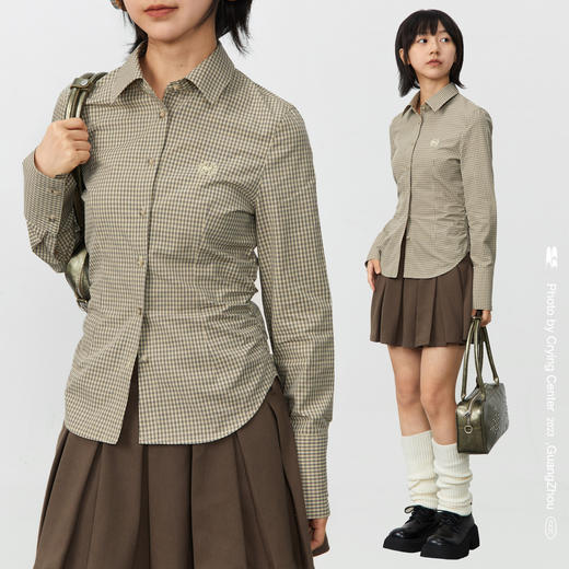 CryingCenter 卡其细格纹学院修身收腰女款内搭衬衫 哭喊中心 商品图0