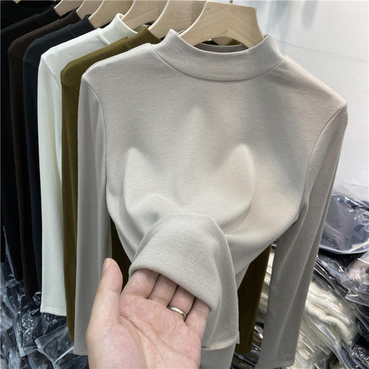 秋冬季【磨毛加绒立领打底衫】女长袖棉T恤  半高领内搭上衣  简约百搭 商品图11