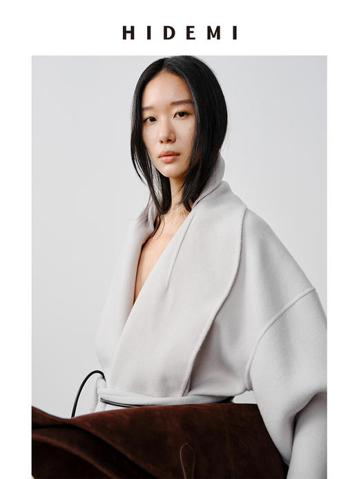 HIDEMI 澳洲美利奴羊毛可拆卸披肩围巾两件腰带式廓形大衣 商品图7