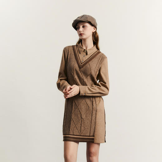 谜底毛织拼接连衣裙长袖2023冬季新款学院风H型直筒裙女234ML1562 商品图1