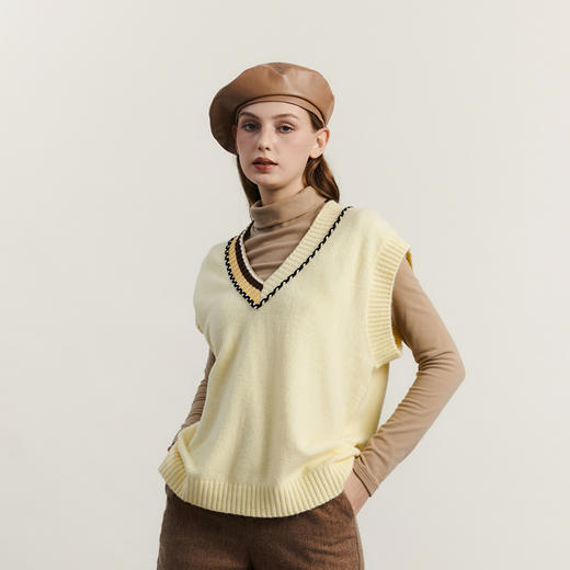 谜底V领针织马甲女2023冬季新款复古文艺宽松套头针织衫234MZ1896 商品图1