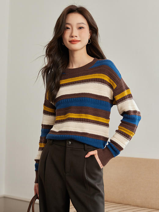 【89元福袋，不支持退换】熙世界彩虹条纹毛衣秋冬女慵懒风宽松超好看圆领针织衫2025年新款 商品图5