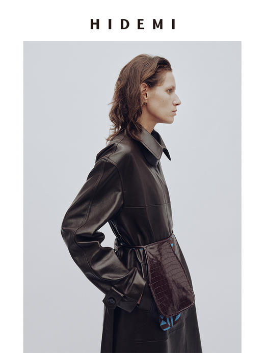 HIDEMI 【赵丽颖同款】绵羊皮极简廓形翻领腰带式长款皮衣大衣 商品图3