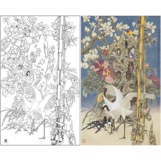 【大彩图】窦绅卿工笔画白描底稿《雅园春芳好》仙鹤临摹勾线花鸟线稿HN13 商品图0