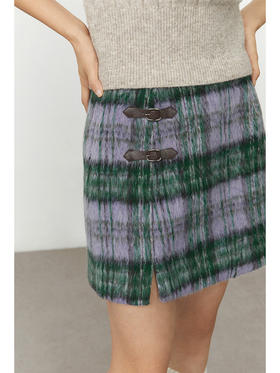 CryingCenter 紫色长毛呢装饰皮扣格子短裙小A裙 哭喊中心