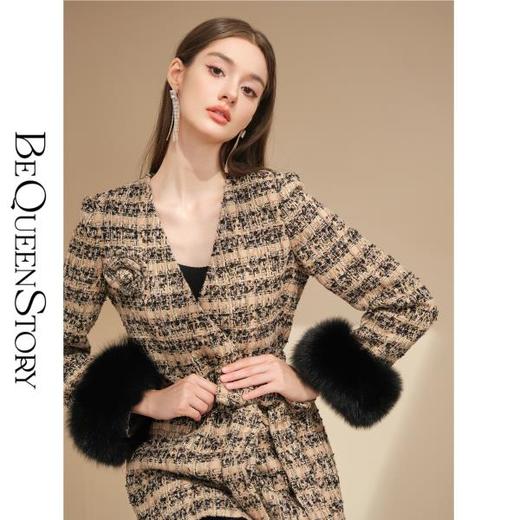BeQueenStory【黑金报刊】轻奢千鸟格秋冬气质金丝编织小香风外套 商品图2