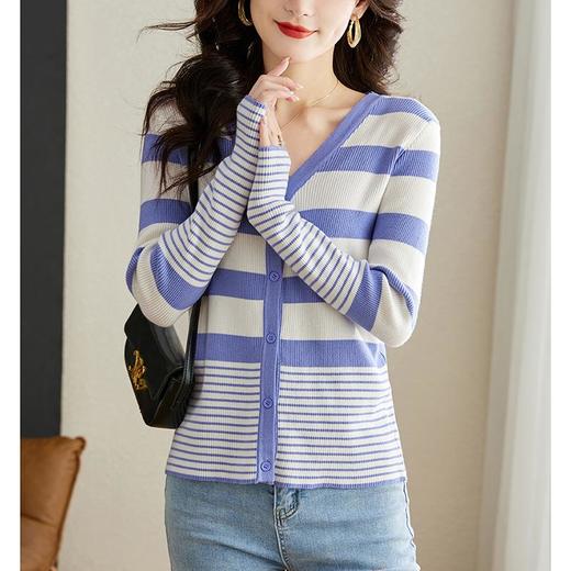 条纹针织衫开衫女长袖宽松春装2023新款毛衣外套韩版宽松v领上衣 商品图3