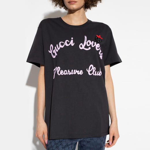 GUCCI 古驰 女士字母徽标印花针织棉质圆领短袖T恤 黑色 717422 XJFV2 1283 商品图1
