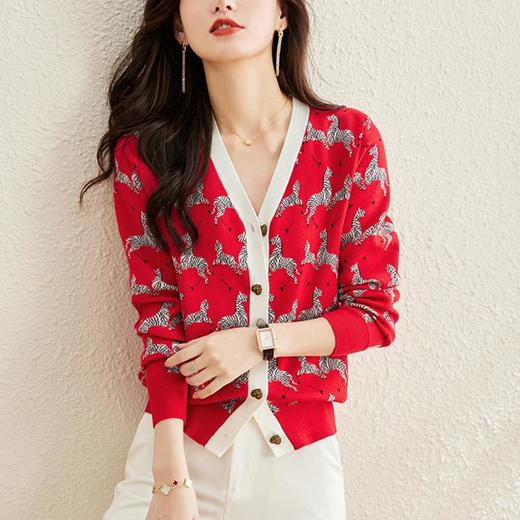 唤醒春季活力 跳跃斑马提花 随性美好V领 针织开衫女MLZY35315 商品图2