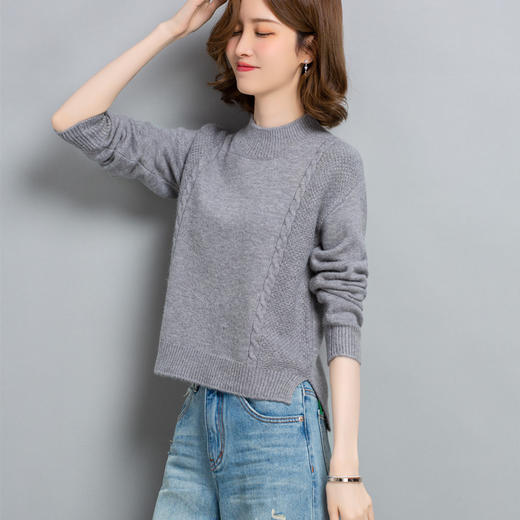 高腰毛衣，女短款秋冬半高领麻花针织内搭小个子上衣前短后长打底衫CC-23211 商品图1