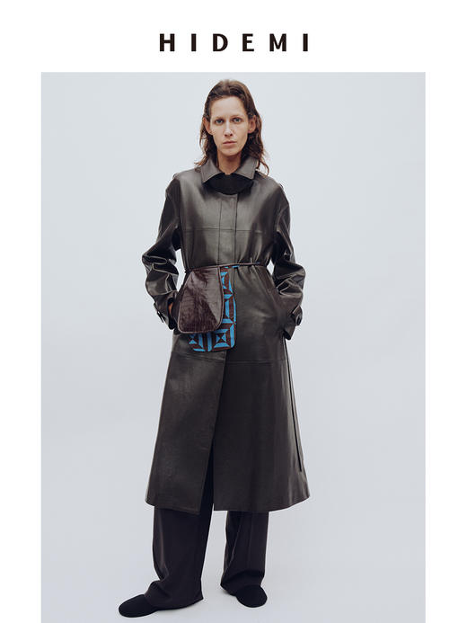 HIDEMI 【赵丽颖同款】绵羊皮极简廓形翻领腰带式长款皮衣大衣 商品图0