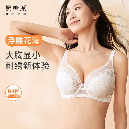 【积分兑换】奶糖派大胸显小全罩杯内衣浮雕花海蕾丝精美刺绣大码文胸女 商品图0