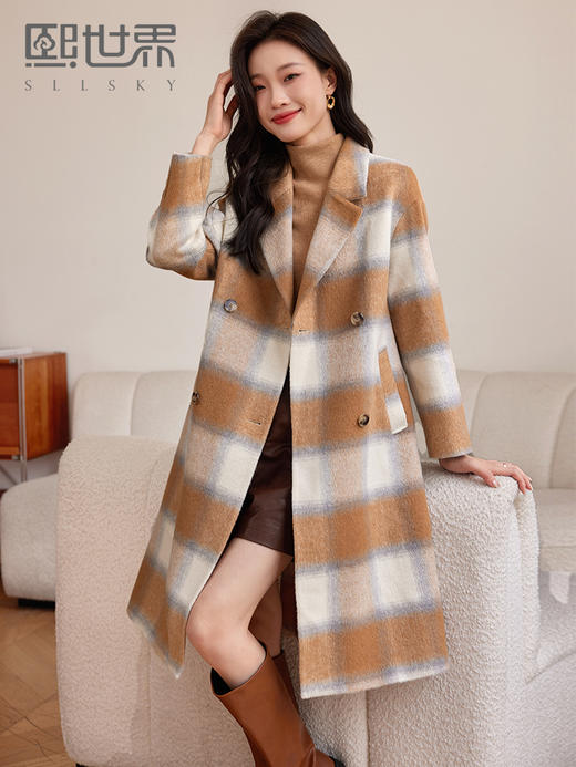 【129选3件，不退换】熙世界渐变色复古格子毛呢外套女高级感中长款冬季西装领呢子大衣 商品图0