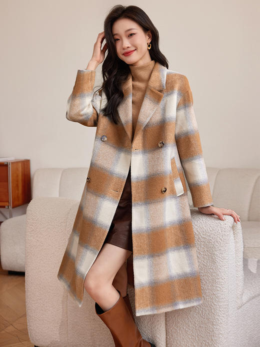 【129选3件，不退换】熙世界渐变色复古格子毛呢外套女高级感中长款冬季西装领呢子大衣 商品图5