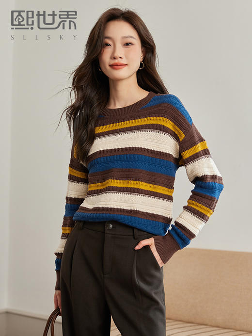 【89元福袋，不支持退换】熙世界彩虹条纹毛衣秋冬女慵懒风宽松超好看圆领针织衫2025年新款 商品图0