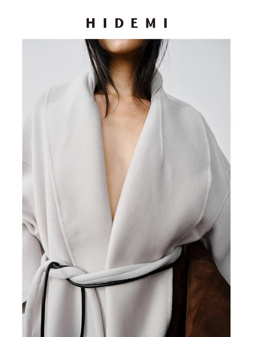 HIDEMI 澳洲美利奴羊毛可拆卸披肩围巾两件腰带式廓形大衣 商品图5