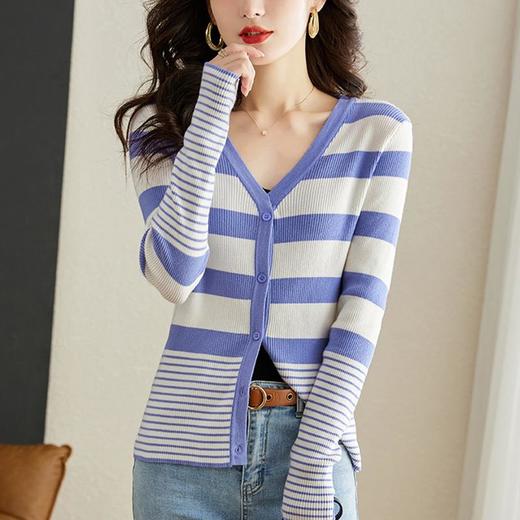条纹针织衫开衫女长袖宽松春装2023新款毛衣外套韩版宽松v领上衣 商品图1