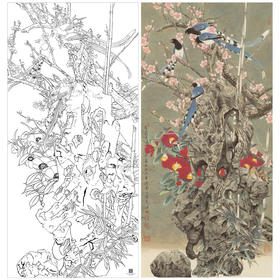 【大彩图】窦绅卿工笔画白描底稿《华堂益多图》山茶绶带鸟花鸟线稿HN08