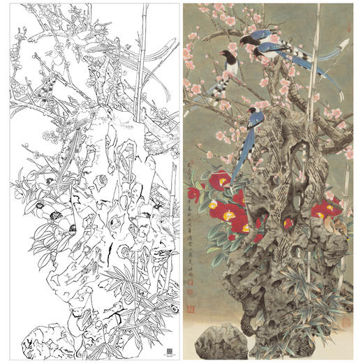 【大彩图】窦绅卿工笔画白描底稿《华堂益多图》山茶绶带鸟花鸟线稿HN08 商品图0