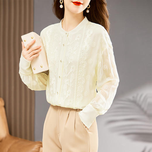 TC22399935 真丝衬衫女长袖重工刺绣上衣2023年春新款气质立领宽松桑蚕丝衬衣 商品图2