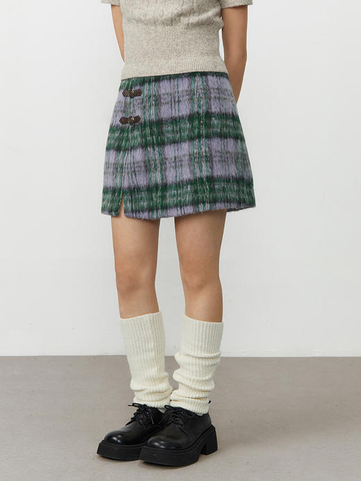 CryingCenter 紫色长毛呢装饰皮扣格子短裙小A裙 哭喊中心 商品图1